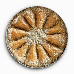 Top view of baklava with walnut pieces. Turkish traditional dessert in the circle metal tray....