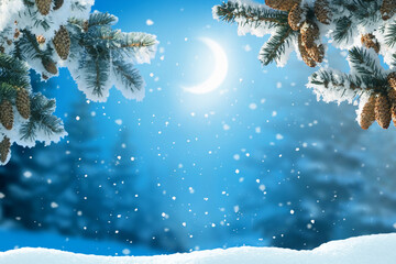 Beautiful winter night  landscape with moon.Christmas background  with snow covered trees. Happy New Year greeting card with copy-space.