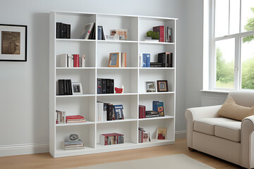 White wooden bookcase filled with books in a UK home setting - obrazy, fototapety, plakaty