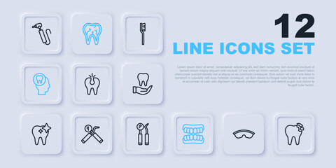 Set line Safety goggle glasses, Broken tooth, Dentures model, Toothache, Dental mirror and probe, and icon. Vector