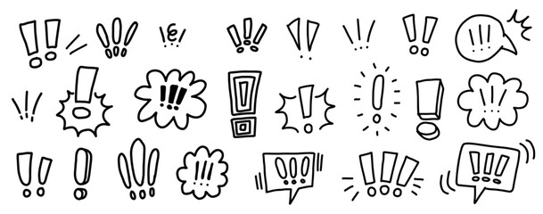 Hand drawn sketch elements of exclamation marks and speech bubbles