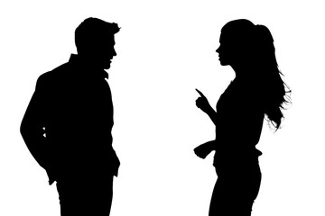A black silhouette of a couple arguing. - obrazy, fototapety, plakaty