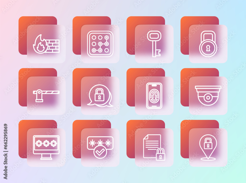 Poster set line lock, password protection, mobile with fingerprint scanner, document and lock, old key, fir