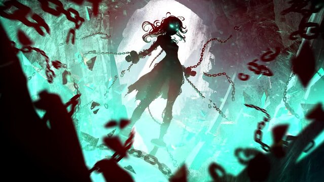 A sinister and beautiful sorceress is freed from imprisonment by breaking chains and an ancient temple into fragments, lifting everything into the air with magical power. clean looped 2d animated art