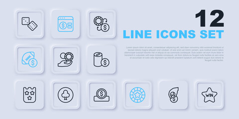 Set line Hand holding casino chips, Casino win, American football betting money, Playing card with clubs symbol, Online poker table game and Coin dollar icon. Vector
