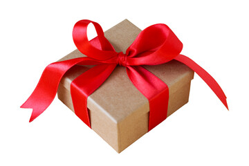 Brown gift box red ribbon isolated on transparent. present  concept