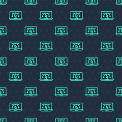 Green line Computer display with vector design program icon isolated on isolated seamless pattern on blue background. Photo editor software with user interface. Vector