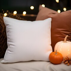 Blank white Pillow Mockup, Thanksgiving autumn bohemian Background, Product photography, christmas tree, Bokeh lights, pumpkins, candles, bright lighting