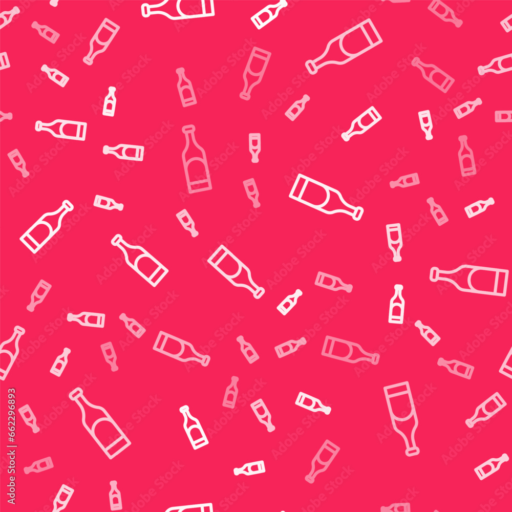 Poster white line bottle of wine icon isolated seamless pattern on red background. vector