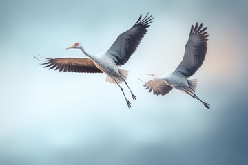 a picturesque photo of several tall white birds sandhill cranes with big wings and long necks flying in the gradient sky