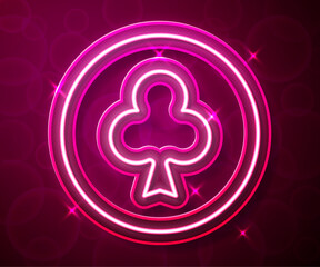 Glowing neon line Playing card with clubs symbol icon isolated on red background. Casino gambling. Vector