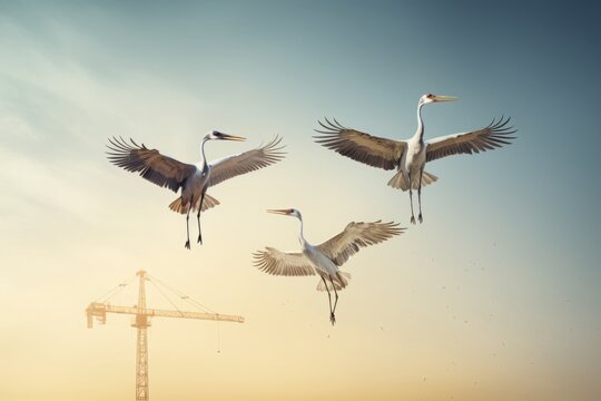 a picturesque photo of several tall white birds sandhill cranes with big wings and long necks flying in the gradient sky