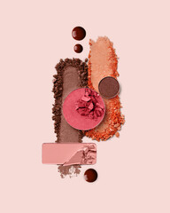 Composition of makeup cosmetics swatches. Variety of eyeshadow and bronzer smudged texture. Creative cosmetics samples. - 662297000