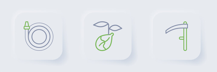 Set line Scythe, Sprout and Garden hose icon. Vector