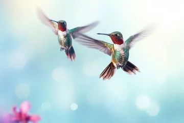 Selbstklebende Fototapeten a picturesque photo of several small colorful birds hummingbird with tiny wings and long beaks flying in the gradient sky among flowers © Romana