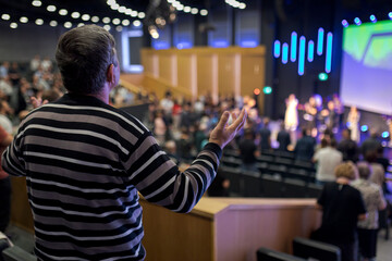 Man with hands raised to prayer in the church during the worship by song - obrazy, fototapety, plakaty