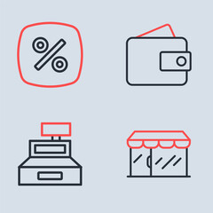Set line Wallet, Cash register machine, Market store and Discount percent tag icon. Vector