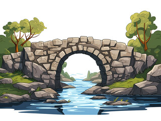 Illustration of an ancient stone bridge over a beautiful river. Built using natural stones that have been cut and arranged well.