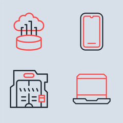 Set line Mobile phone, Futuristic sliding doors, Laptop and Network cloud connection icon. Vector
