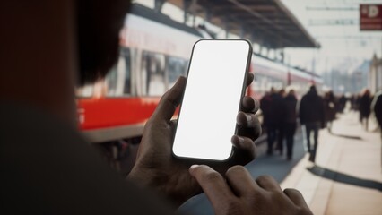 CU view of Afican-American Black male using phone on a train station platform