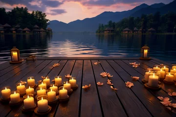 Fotobehang Wooden pier on the mountain lake with candle lights, Generated AI © ezgi
