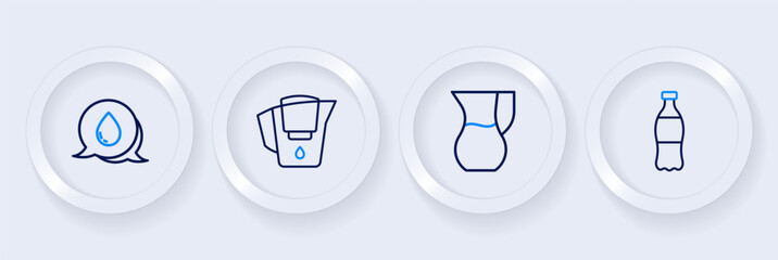 Set line Bottle of water, Jug glass with, Water jug filter and drop speech bubbles icon. Vector