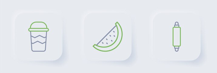 Set line Rolling pin, Watermelon and Coffee cup to go icon. Vector