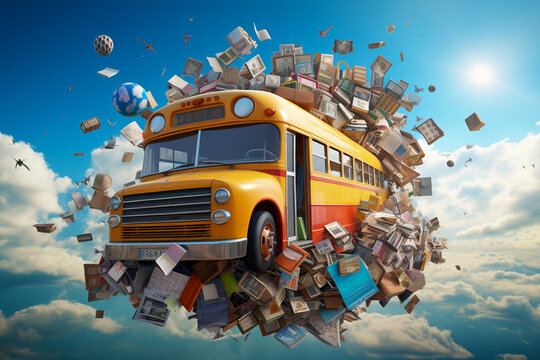 Collage image for school lesson on school bus, yellow school bus flying with books, Generated AI