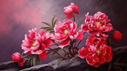  a painting of a bunch of pink flowers on a rock.  generative ai