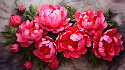  a painting of pink flowers on a marble surface with green leaves.  generative ai