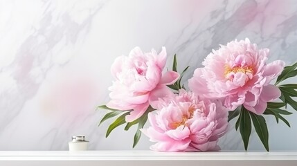 Obraz na płótnie Canvas three pink peonies on a white shelf with a marble background. generative ai