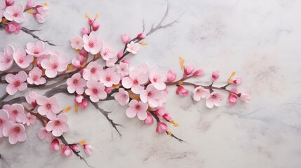  a branch with pink flowers on a white marble surface with a gray background.  generative ai