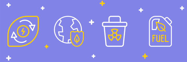 Set line Bio fuel canister, Infectious waste, Earth with shield and Water energy icon. Vector