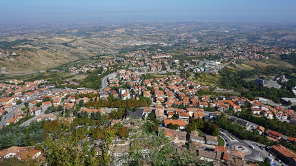 Panorama of Republic of San Marino and Italy from Monte Titano, City of San Marino. City of San...