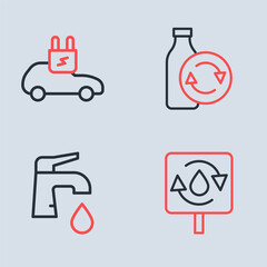 Set line Recycling plastic bottle, Water tap, Recycle clean aqua and Electric car icon. Vector
