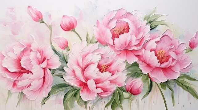  a painting of pink flowers on a white background with green leaves.  generative ai