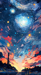 Hand drawn cartoon anime beautiful night starry sky illustration
