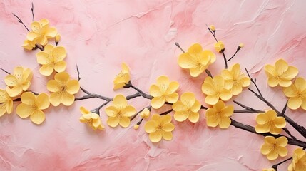  a branch of yellow flowers on a pink background with a pink backdrop.  generative ai