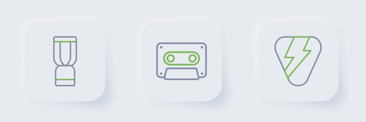 Set line Guitar pick, Retro audio cassette tape and African djembe drum icon. Vector