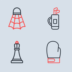 Set line Golf bag with clubs, Chess, Boxing glove and Badminton shuttlecock icon. Vector