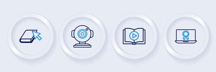 Set line Online education with diploma, Audio book, Web camera and icon. Vector