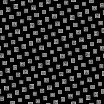 White repeated stylized squares on black background. Checks wallpaper. Seamless surface pattern design with symmetrical blocks ornament. Mosaic motif. Digital paper with quadrangles for print. Vector.