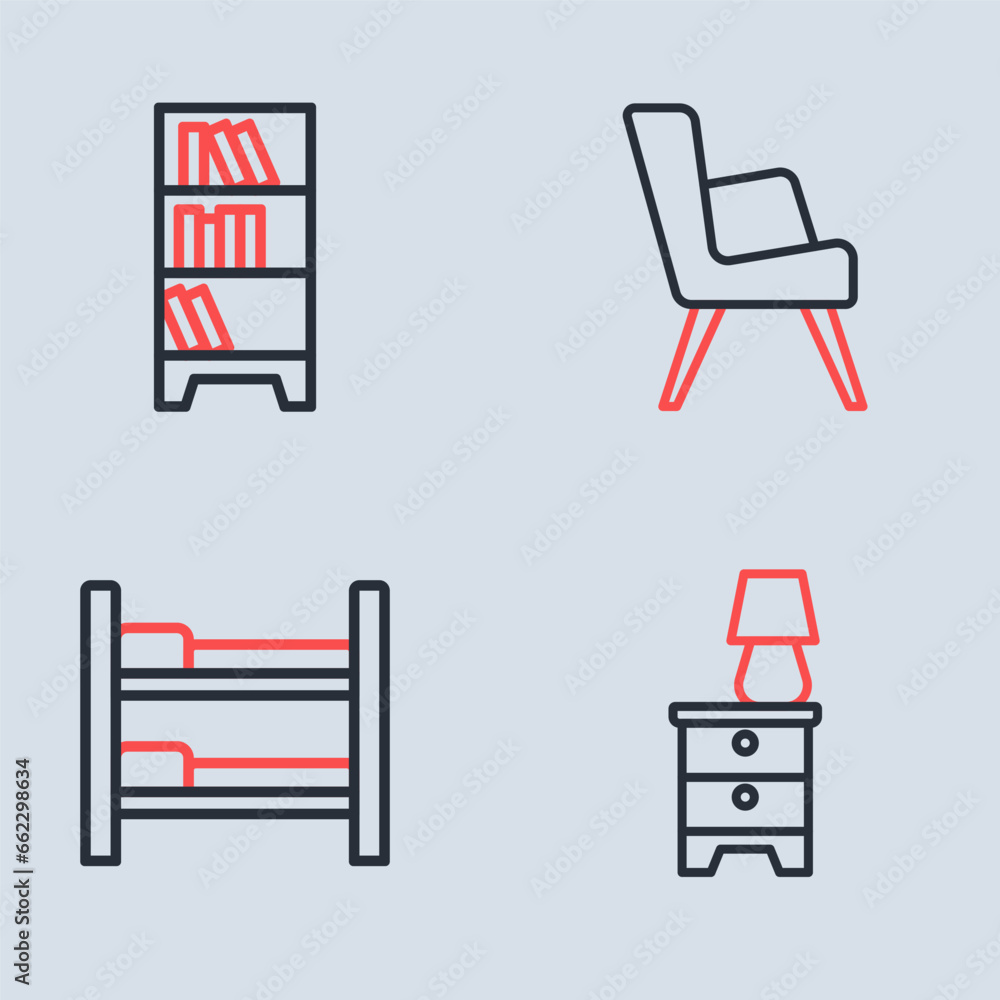 Poster Set line Armchair, Bunk bed, Furniture nightstand with lamp and Lamp hanging icon. Vector