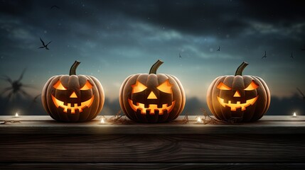  three carved pumpkins sitting on a wooden table with a sky background.  generative ai