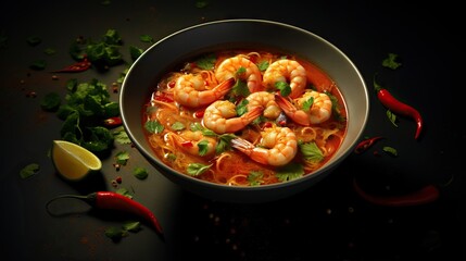  a bowl of soup with shrimp, noodles and garnishes.  generative ai