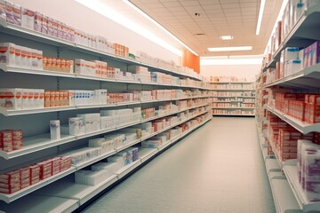 Empty medicine shelves during cold and flu season at a retail store. Generative AI - obrazy, fototapety, plakaty