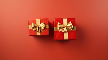  two red gift boxes with gold bows on a red background.  generative ai