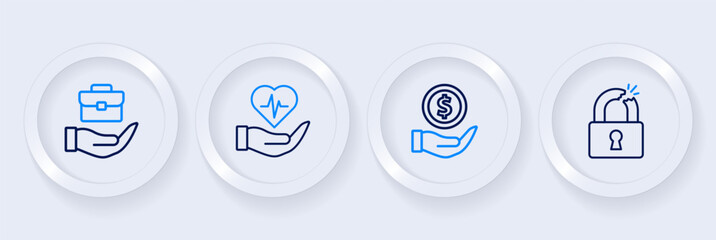 Set line Broken or cracked lock, Money with shield, Life insurance in hand and Hand holding briefcase icon. Vector
