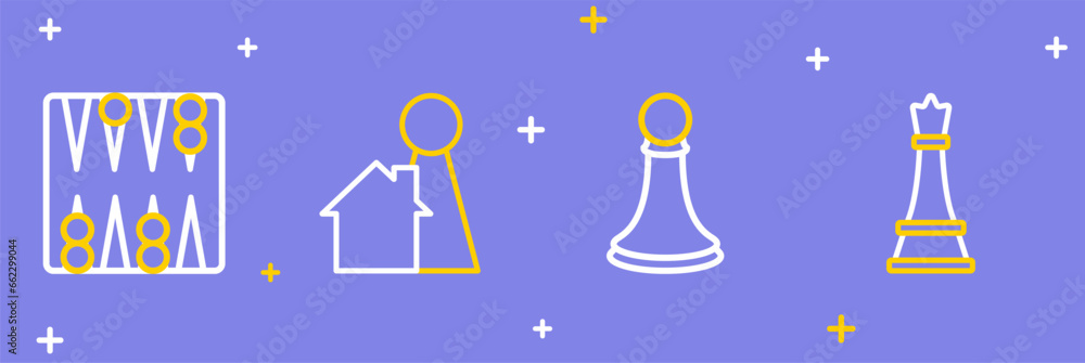 Poster set line chess, pawn, chip for board game and backgammon icon. vector
