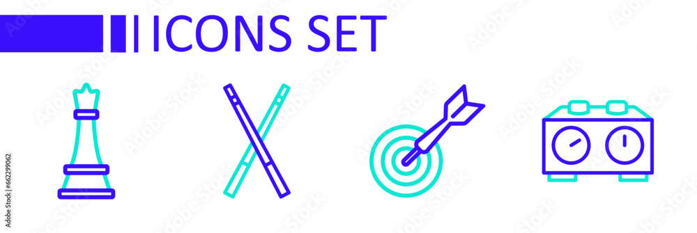 Poster set line time chess clock, classic dart board and arrow, crossed billiard cues and chess icon. vecto